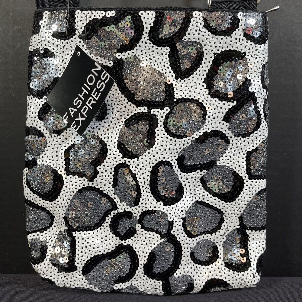 Fashion Express FE Sequin Zipper Crossover Bag Purse Silver White Black Satin